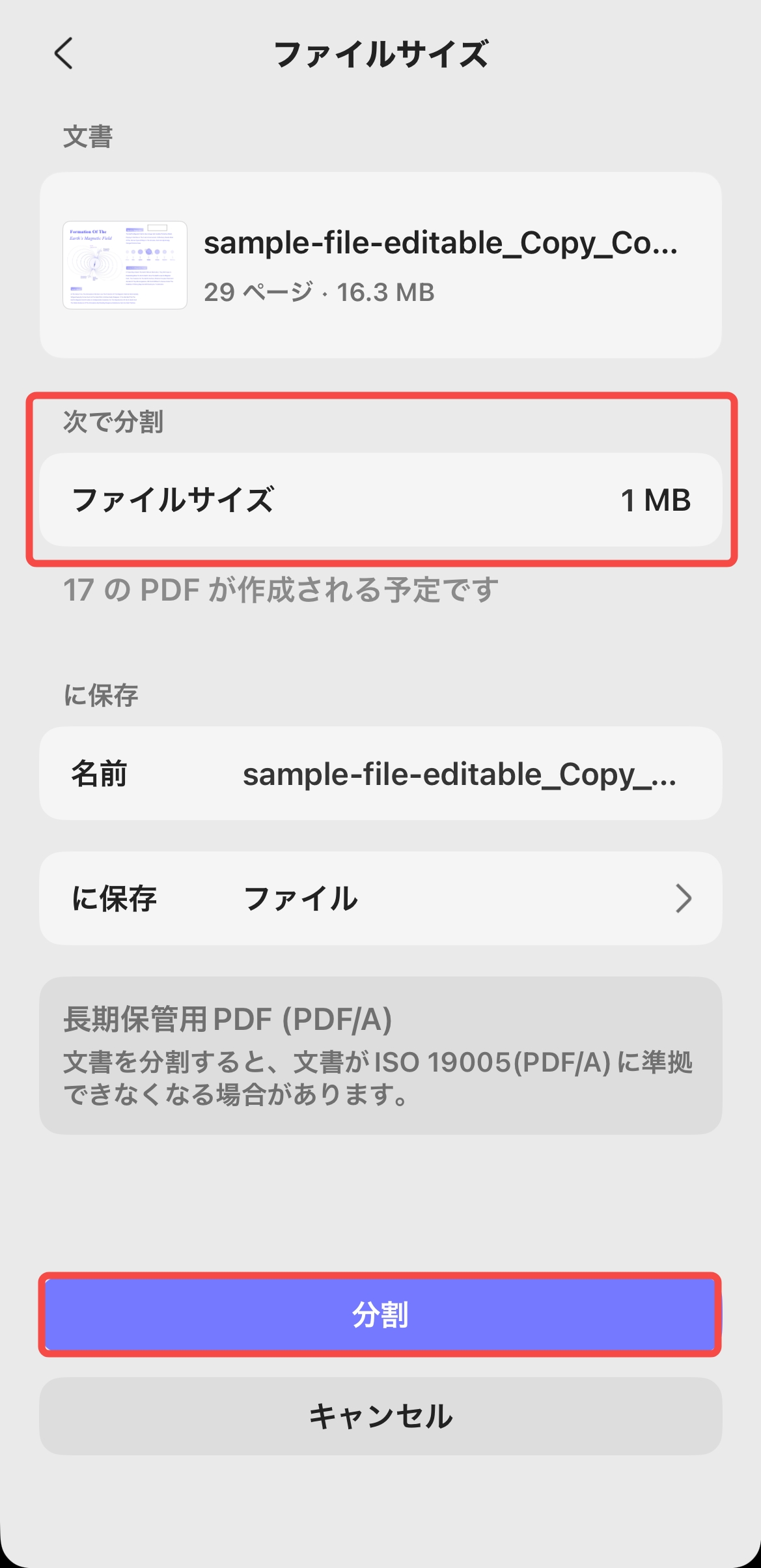 ページサイズで分割