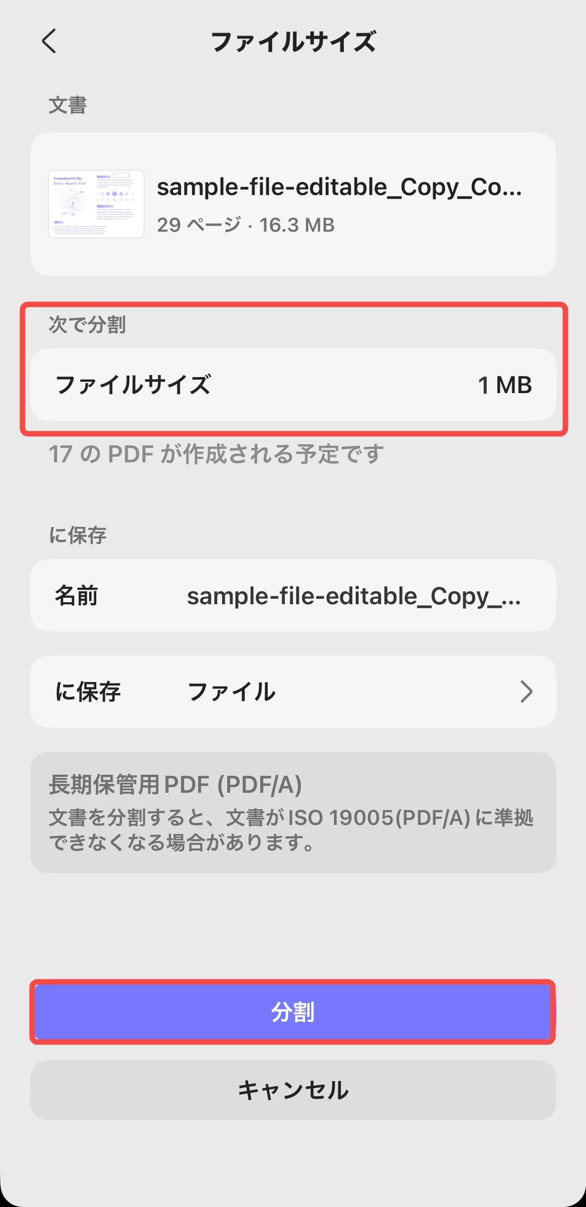 ページサイズで分割