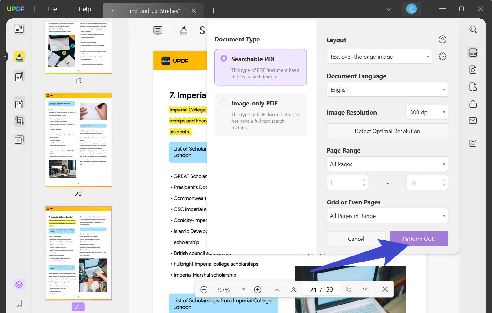 perform ocr on the scanned PDF to fix PDF not converting to Word correctly