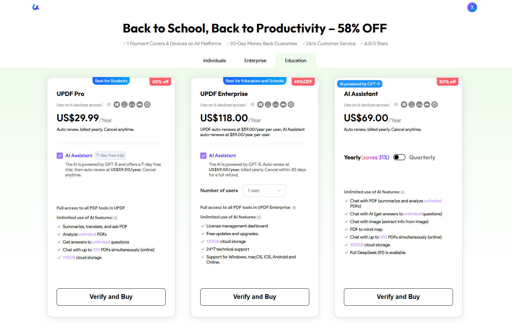 UPDF education price page