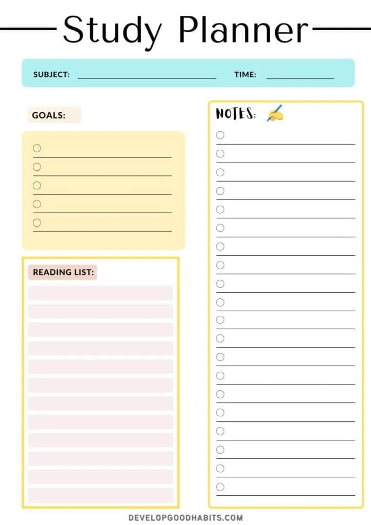 free study plan template for reading 