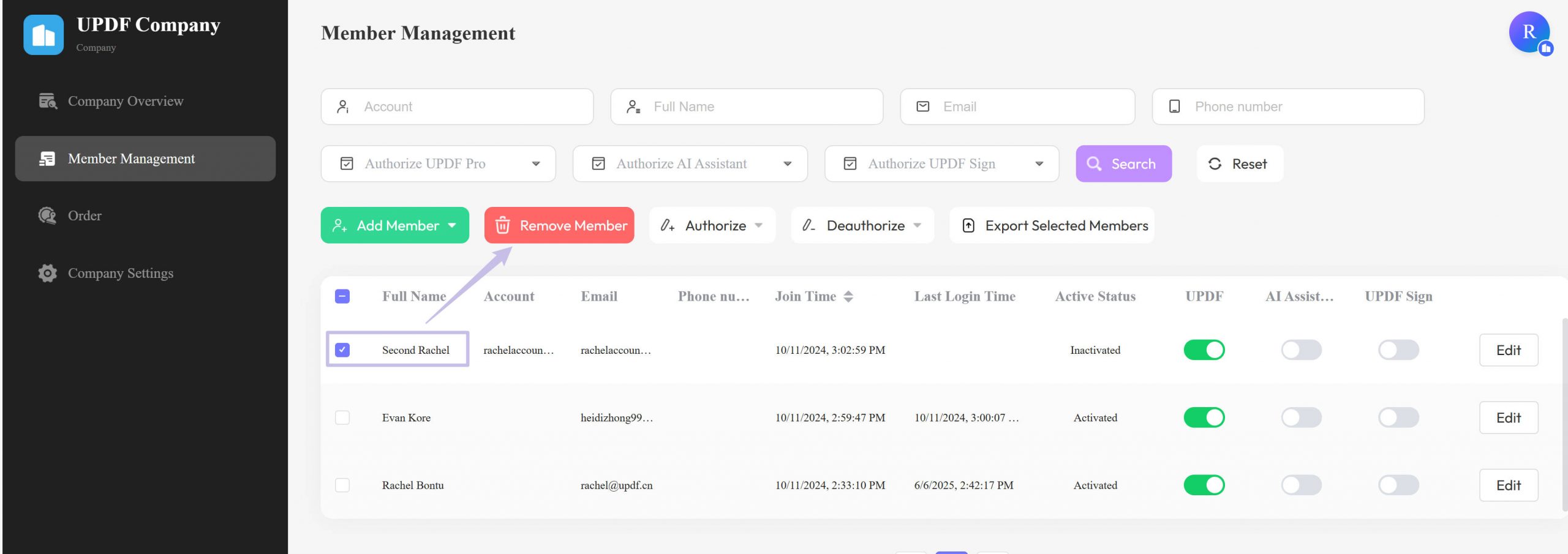 Remove member in the enterprise dashboard
