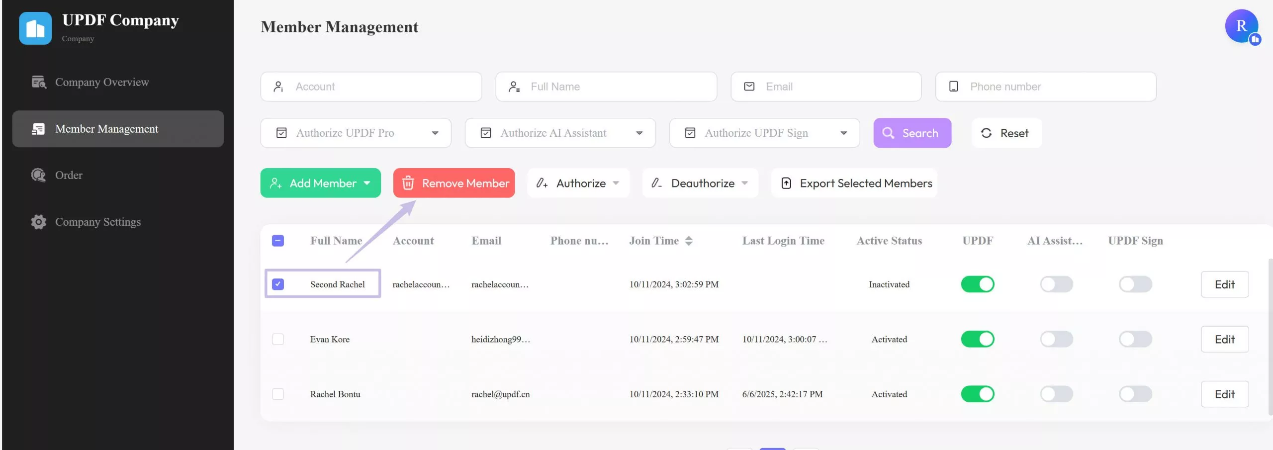 Remove member in the enterprise dashboard