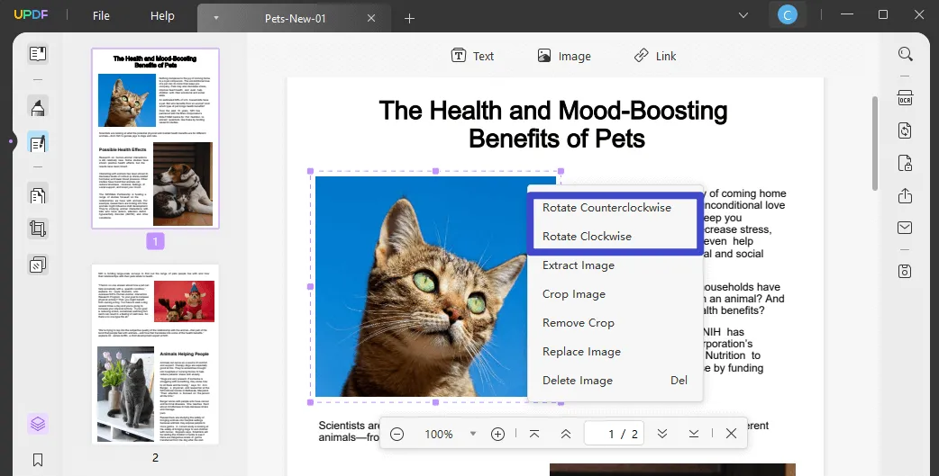 rotate image in pdf by right click