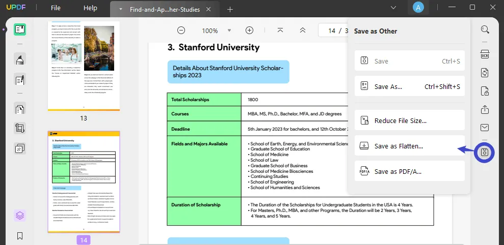 how to remove link in pdf with flatten feature