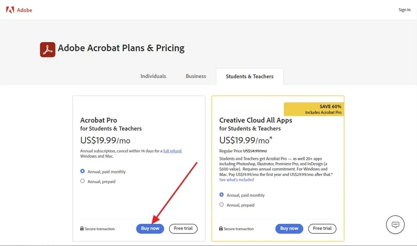 Click Student & Teachers tab adobe acrobat student discount 