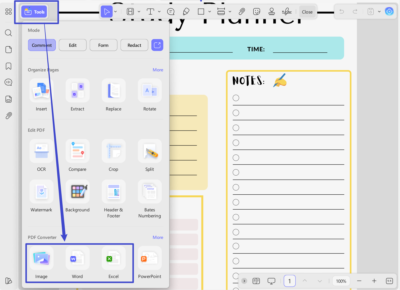 Export study plan template to word via UPDF