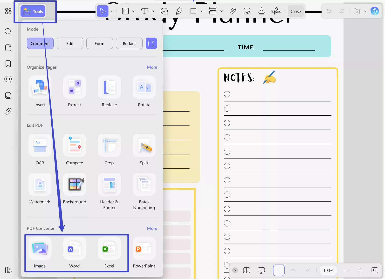 Export study plan template to word via UPDF