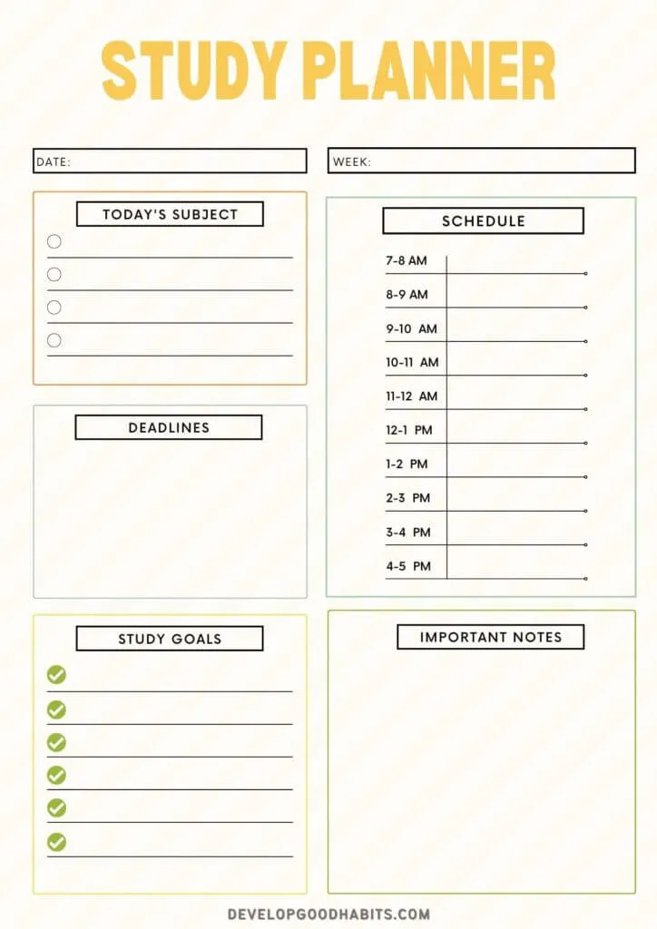 free study plan template for students with goals