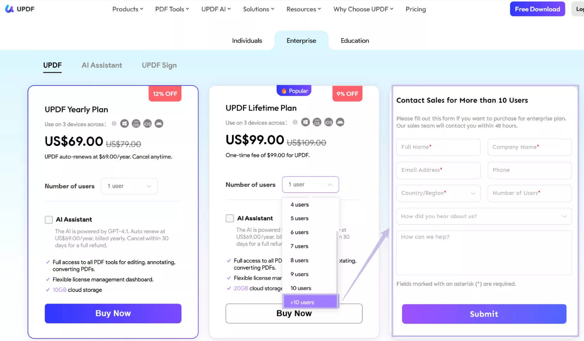 More than 10 users for Enterprise plan