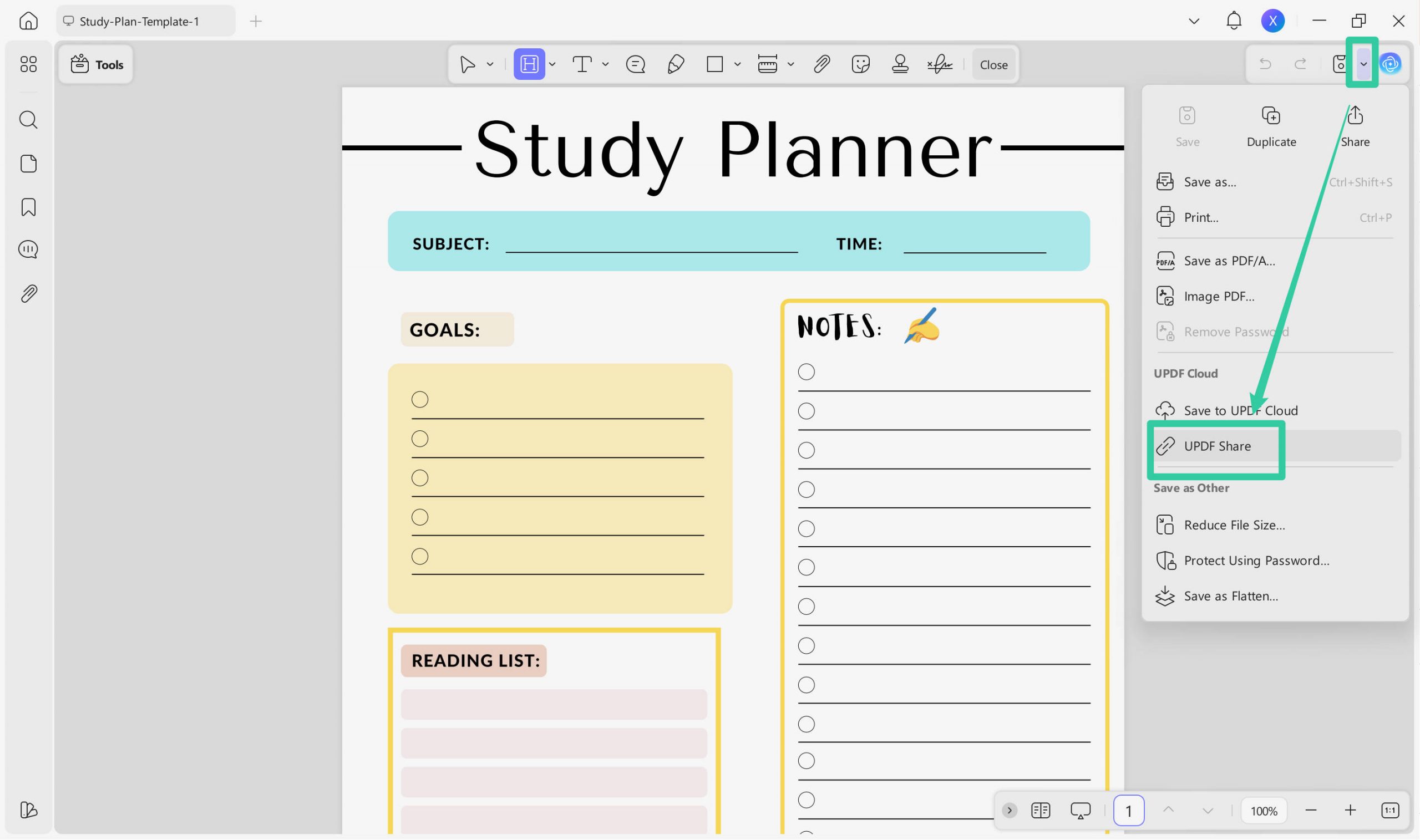Share study plan templates with others via UPDF