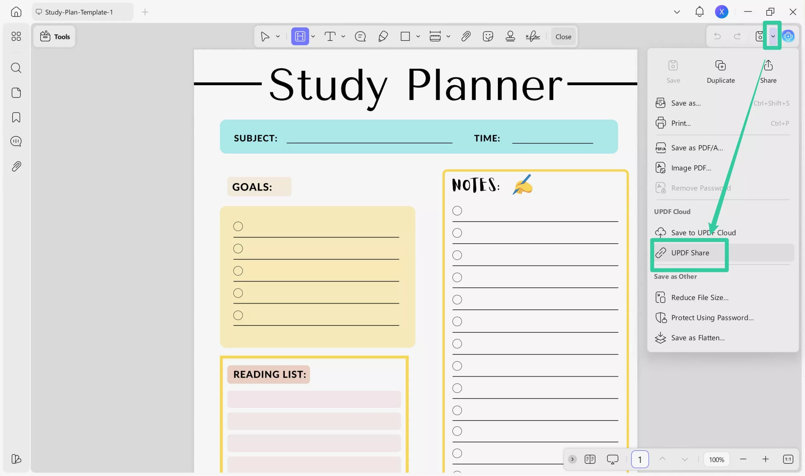 Share study plan templates with others via UPDF