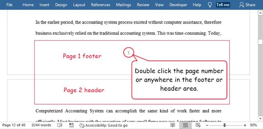 activate header and footer in word
