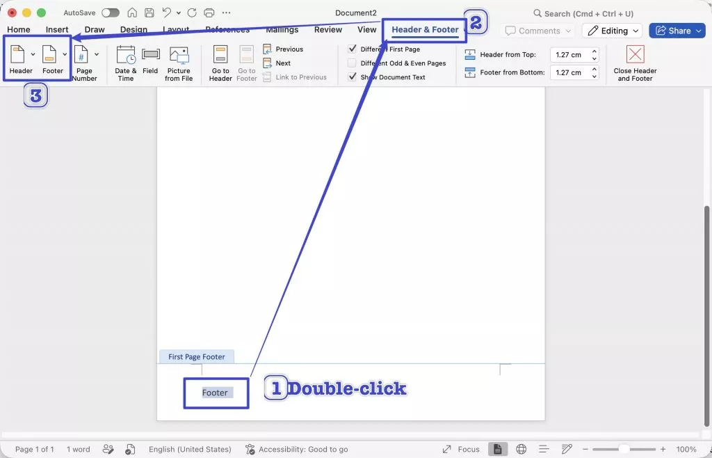 activate the header and footer editing mode