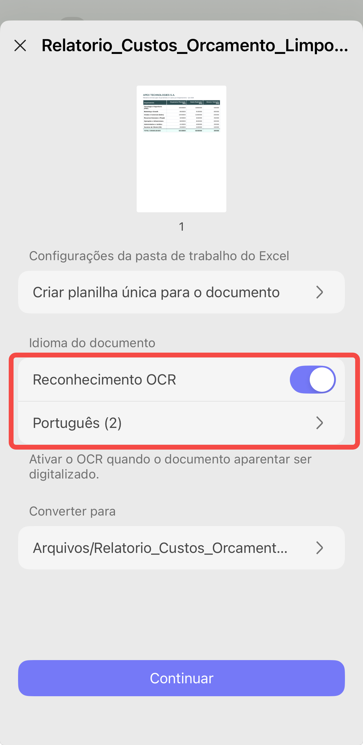 Ativar o reconhecimento OCR