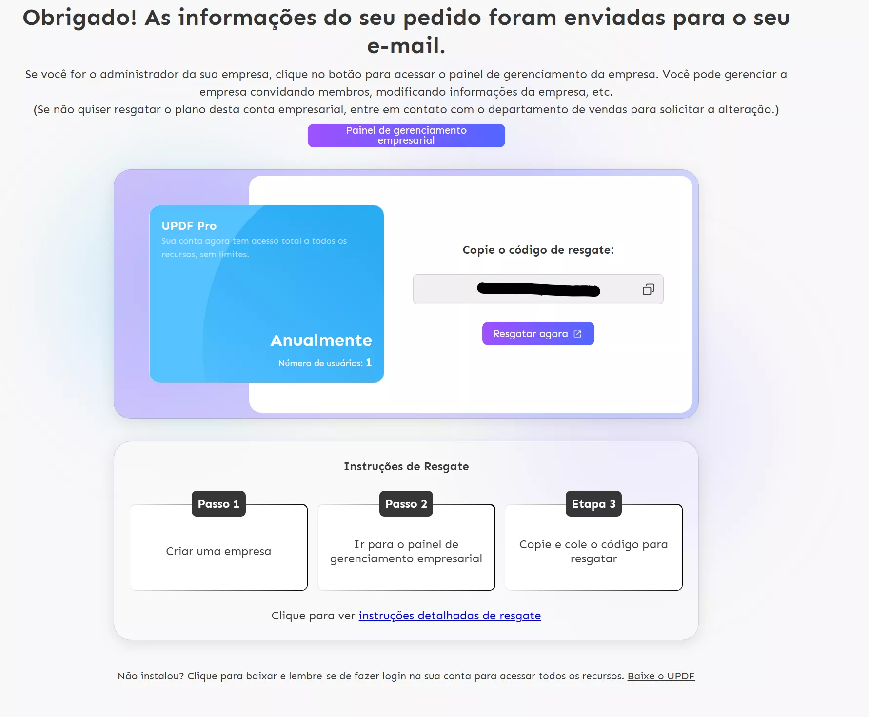 Clique em "Resgatar Agora" na Página de Compra Bem-Sucedida