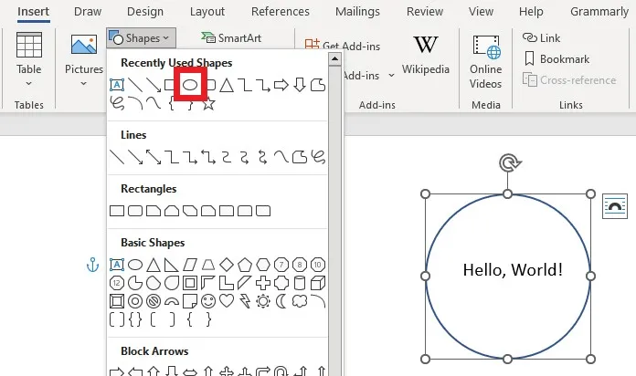 circle in word with shape tool