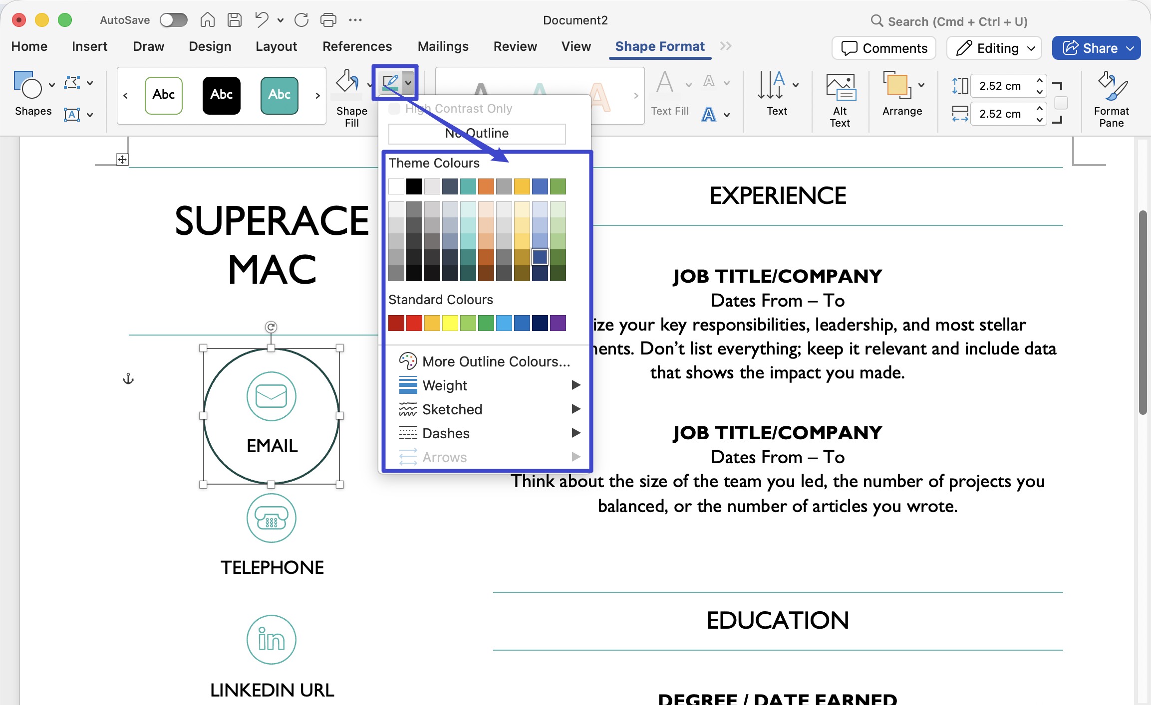 click shape outline on word