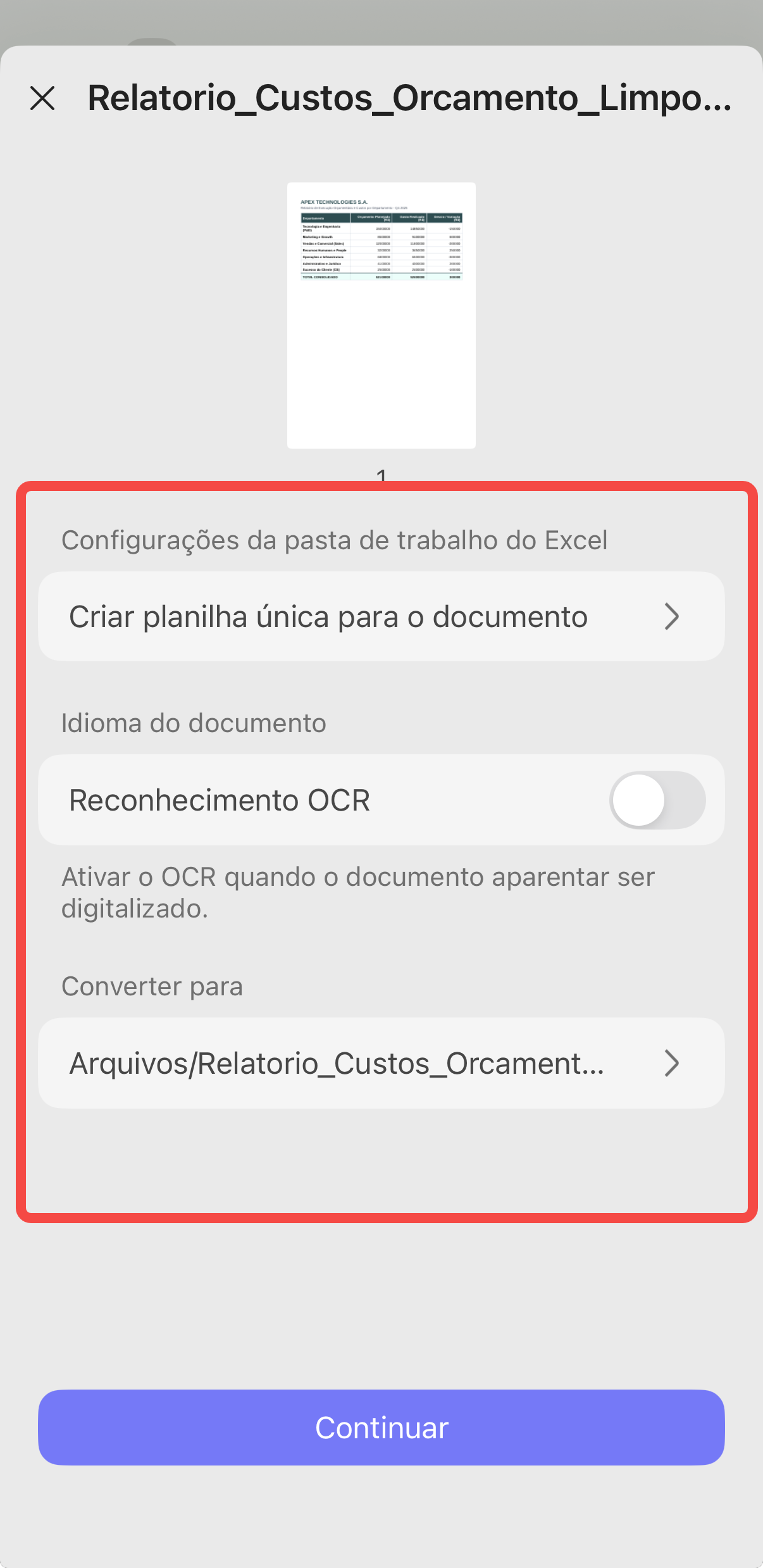 Configurar o formato de saída do Excel