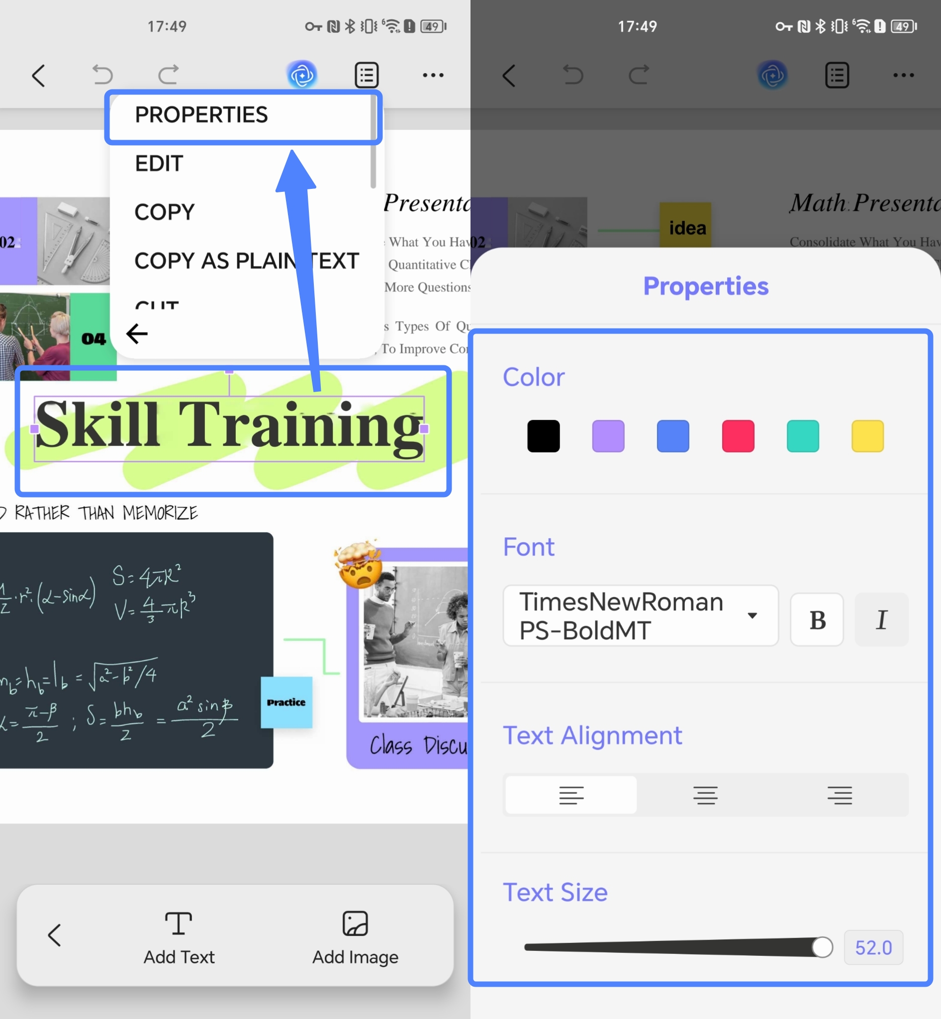 edit the properties of the text