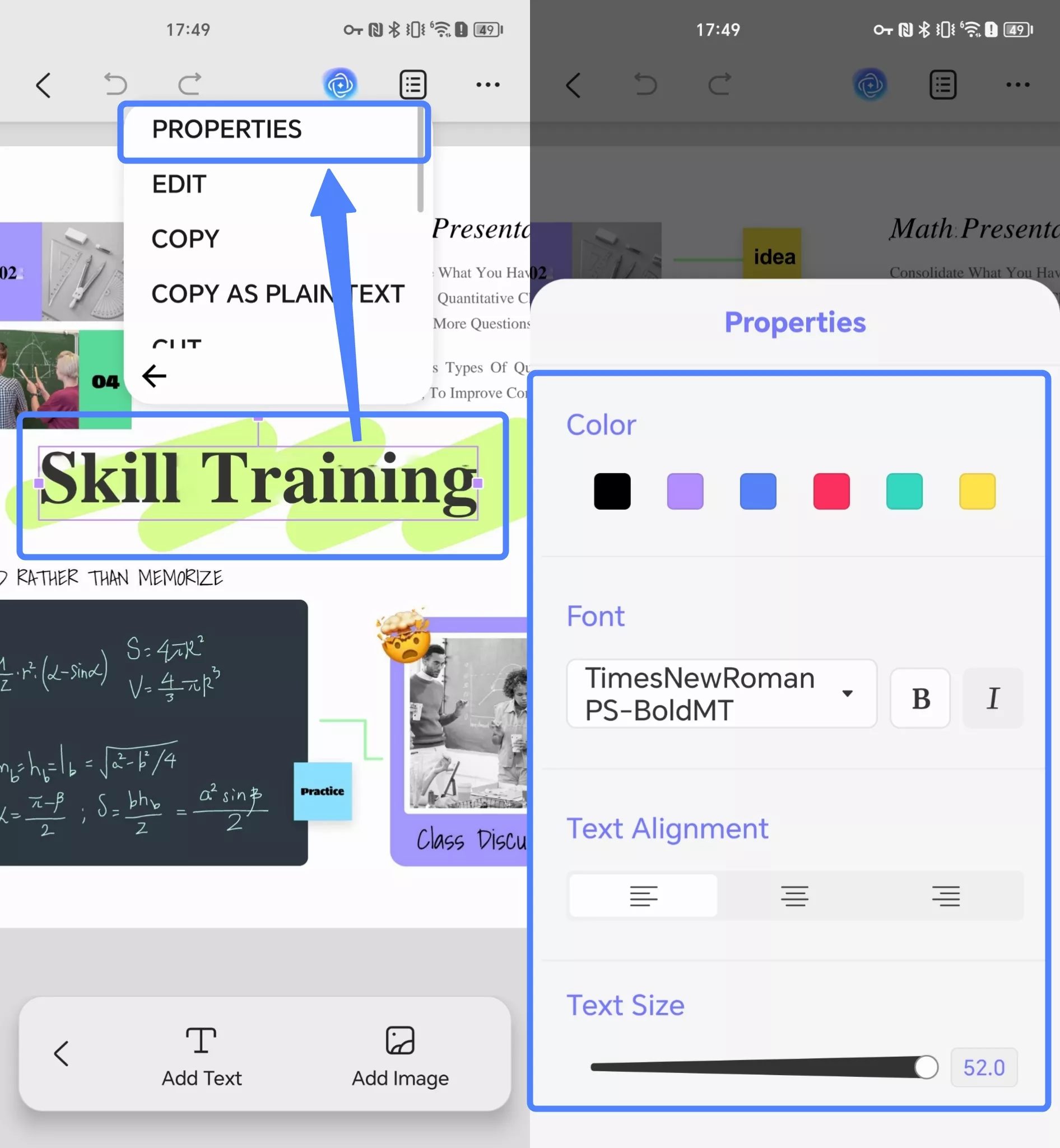 edit the properties of the text