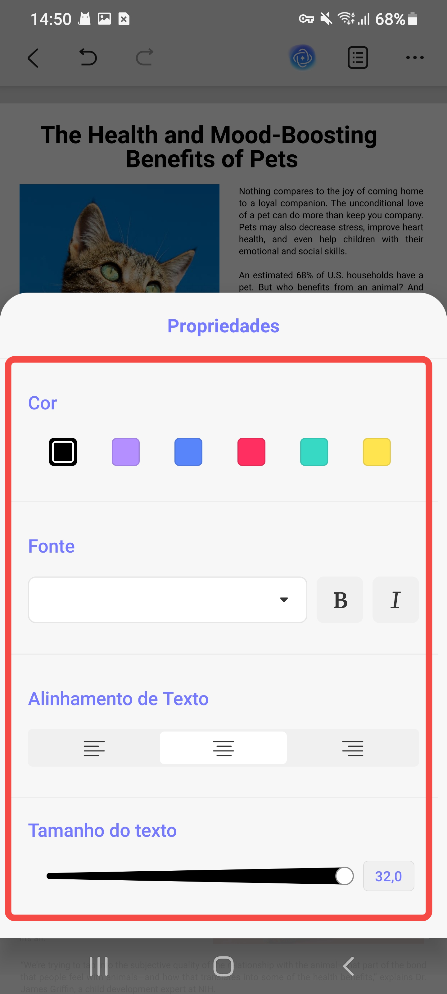 editar as propriedades do texto