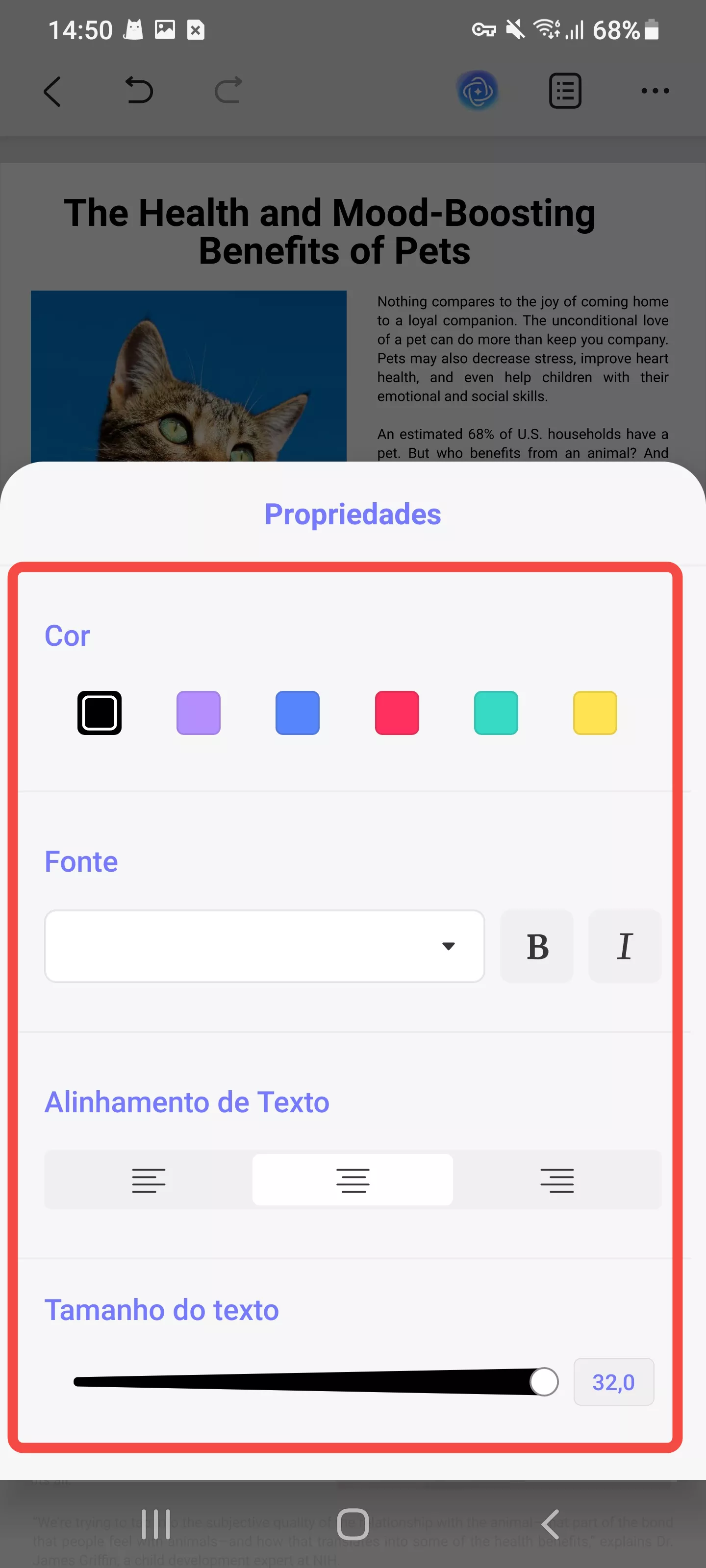editar as propriedades do texto