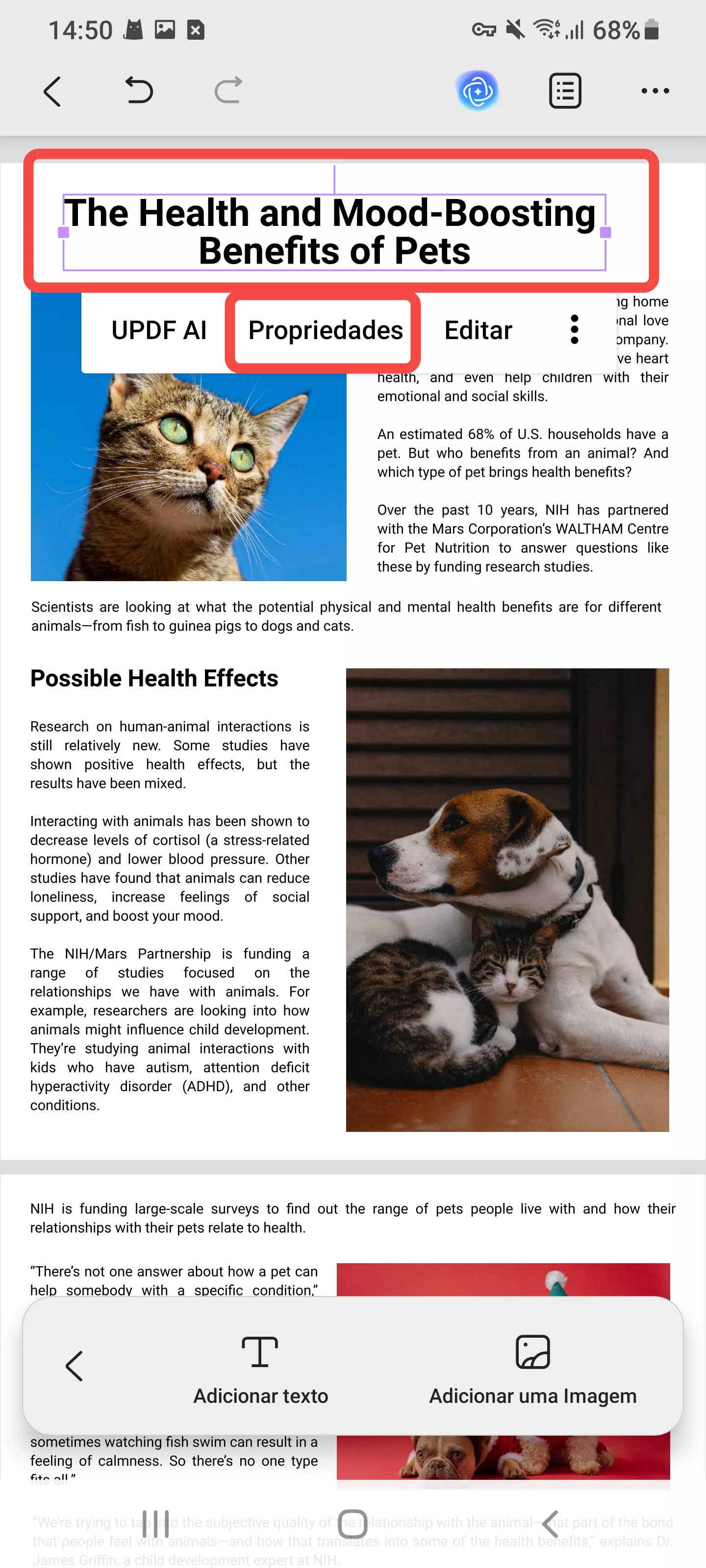 editar as propriedades do texto