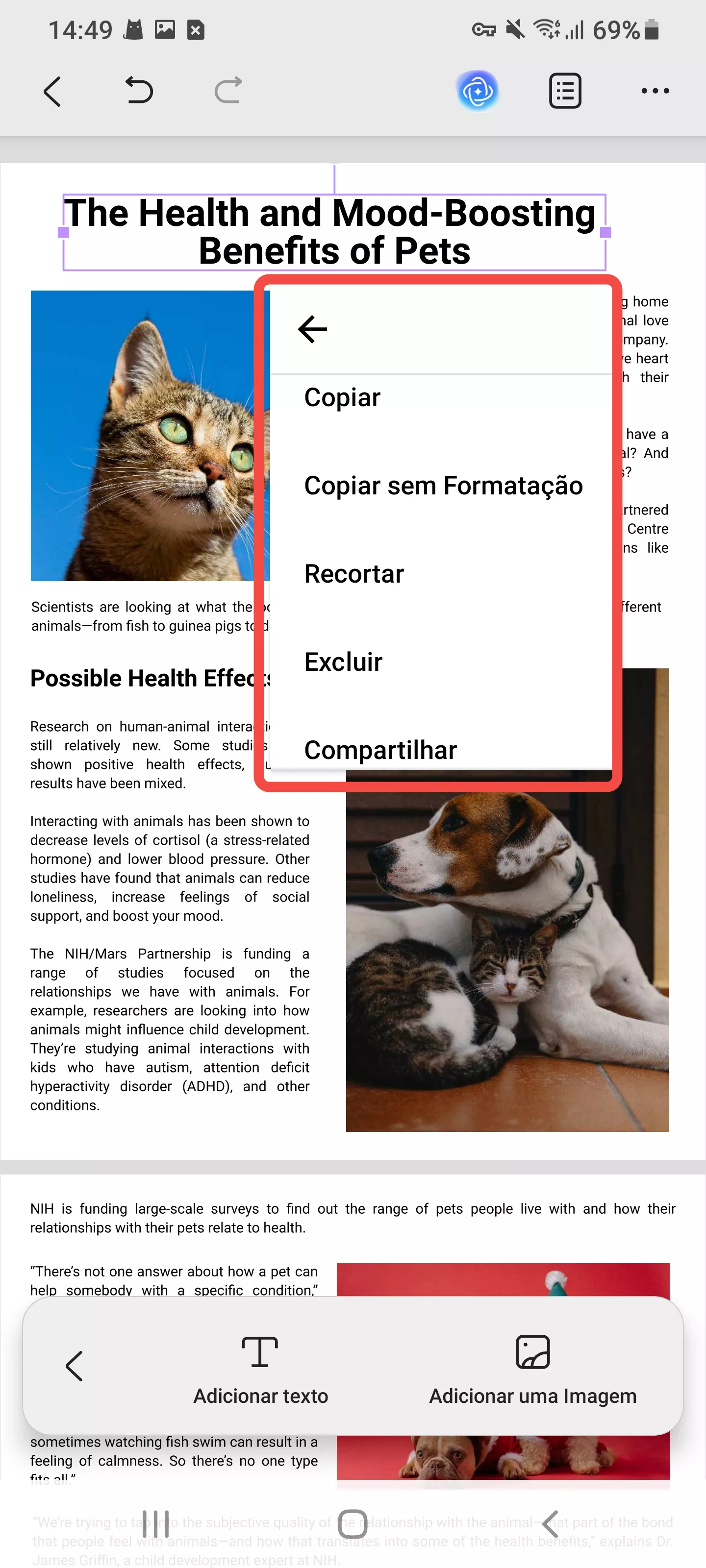 editar o texto existente