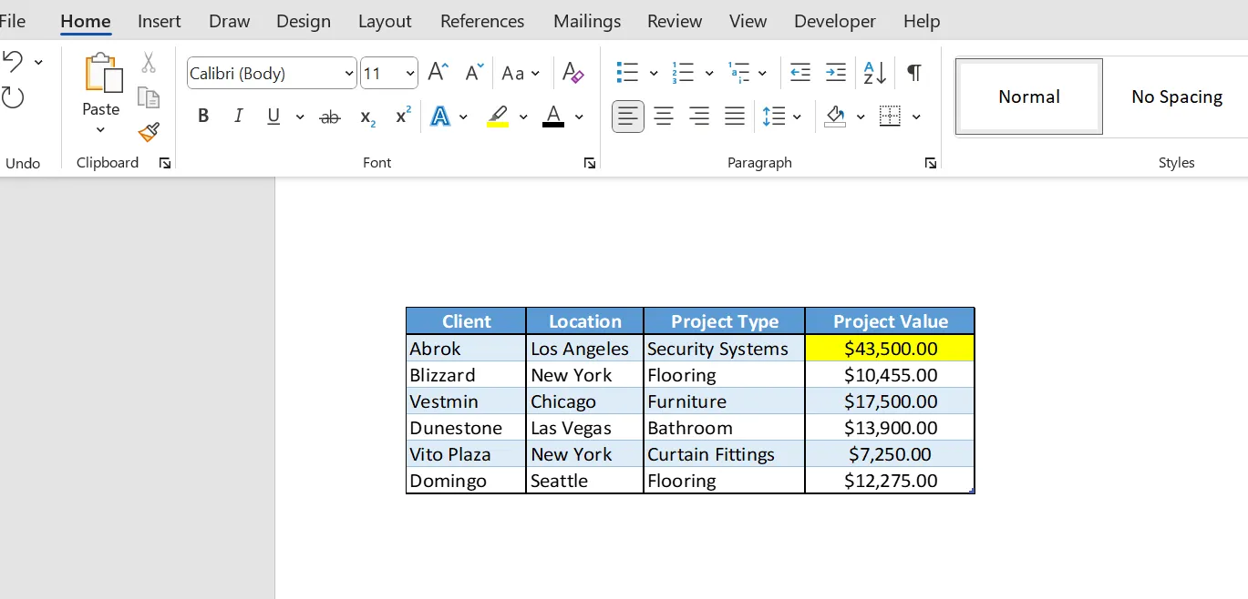 excel table pasted in word