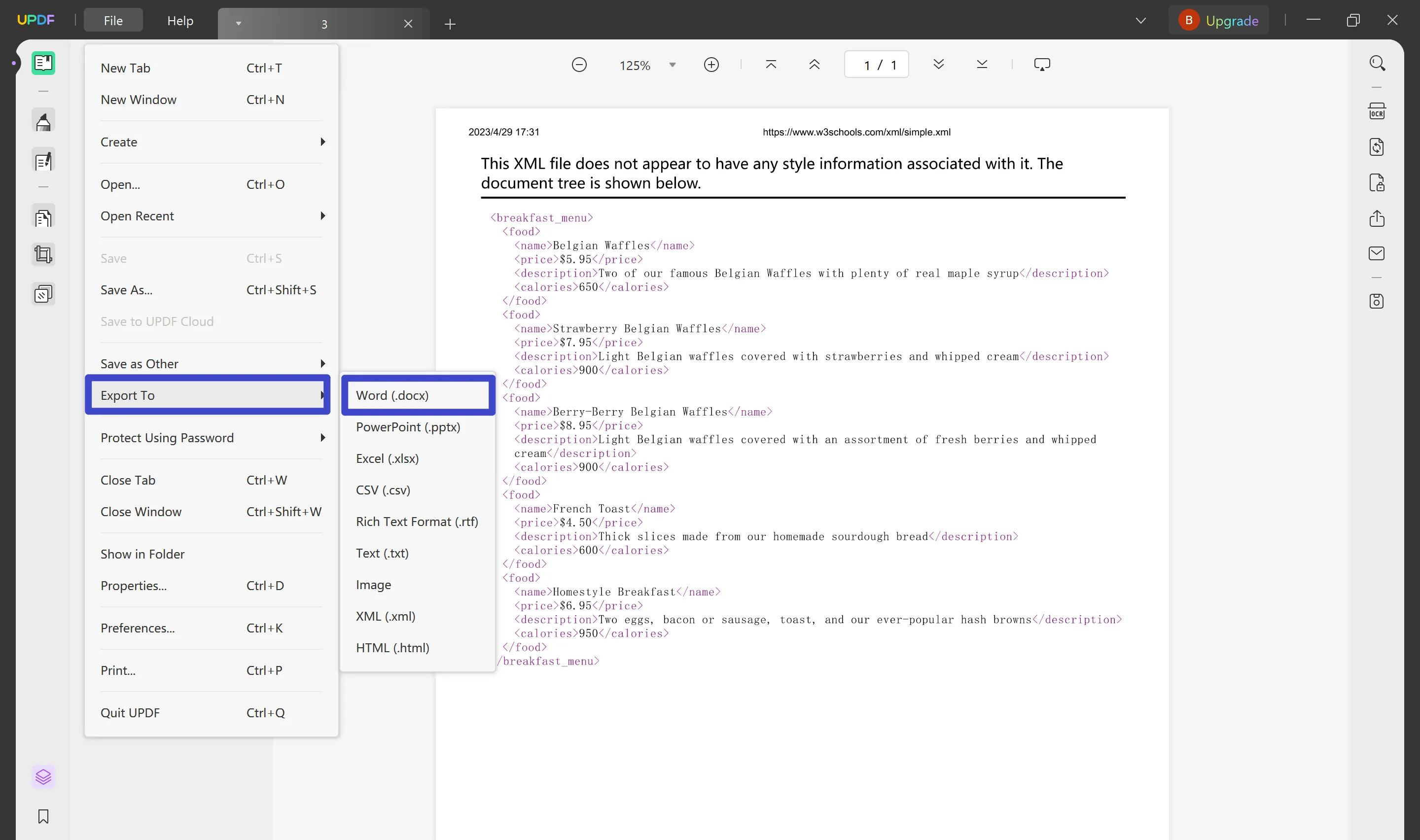 export xml to word with updf