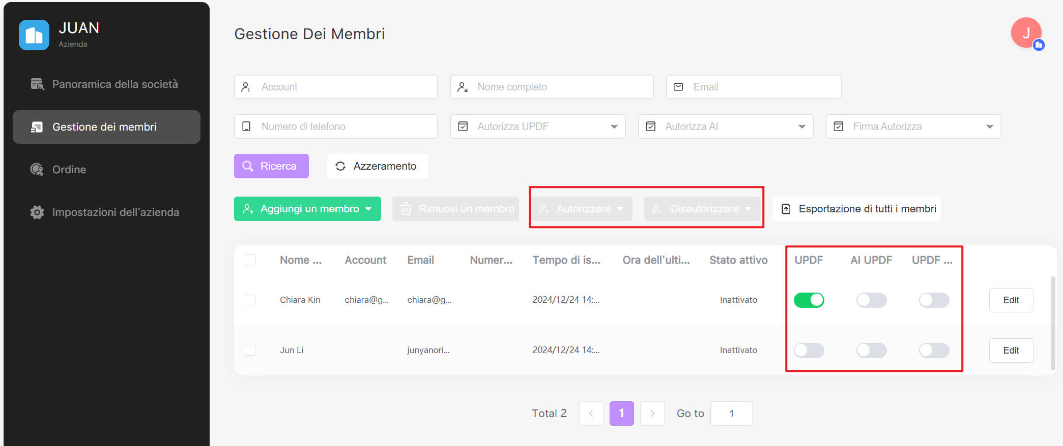 Gestione dei membri e autorizzazione delle licenze