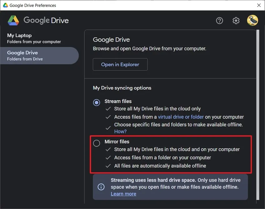 mirror files google drive folder not syncing