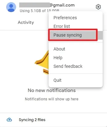 tap on pause syncing google drive desktop not syncing