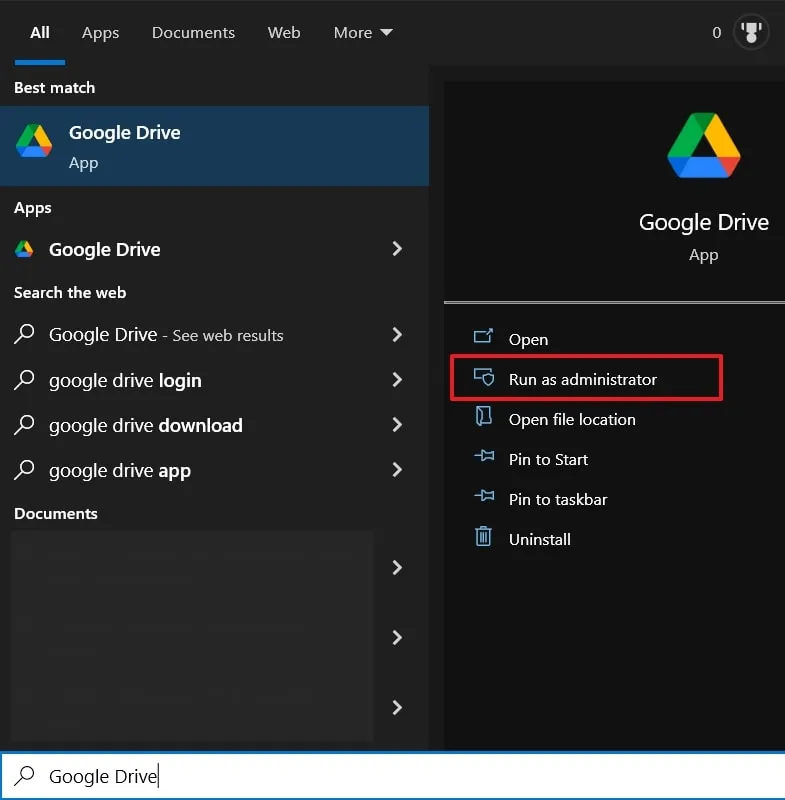 esegui Google Drive come amministratore i file di Google Drive non vengono visualizzati