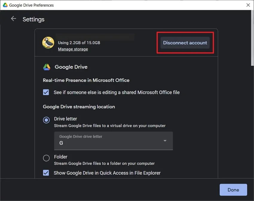 disconnect account google drive not syncing windows 10