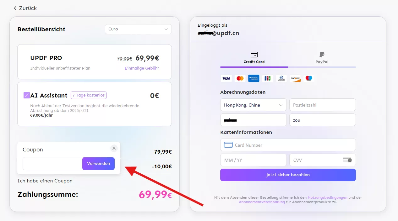 Geben Sie den UPDF-Gutscheincode ein