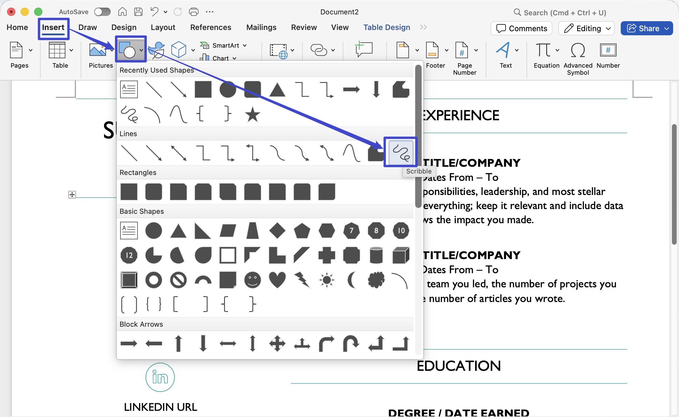 insert scribble on word