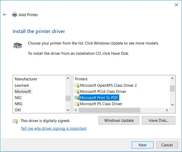 Reinstallare Manualmente Microsoft Print to PDF