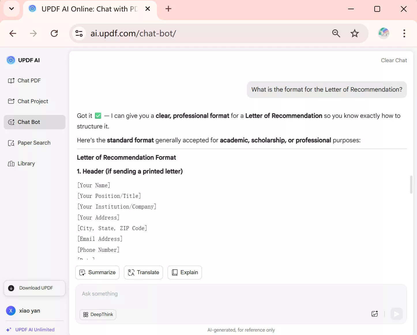 Understand the Letter of Recommendation Format with UPDF AI