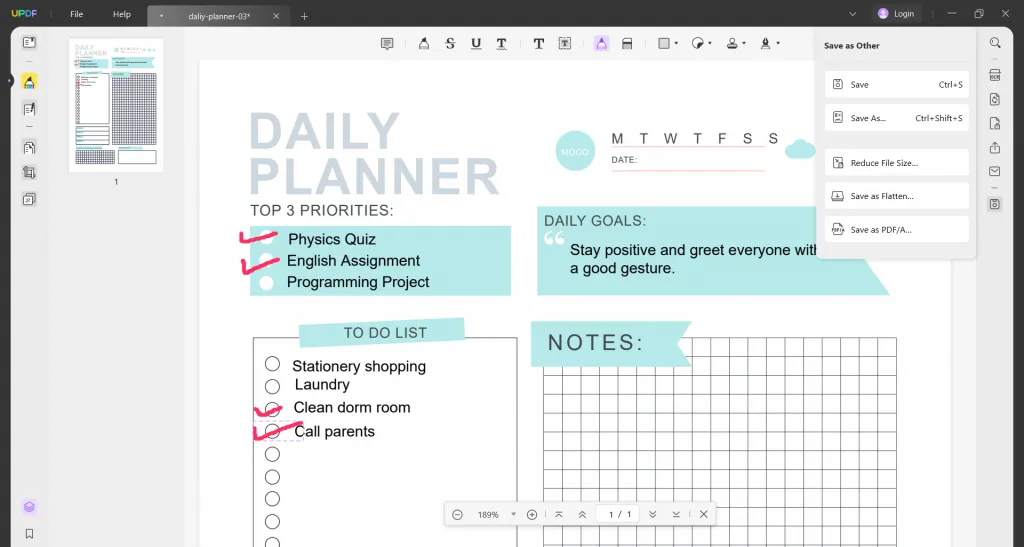 Comment on PDF planner template using UPDF