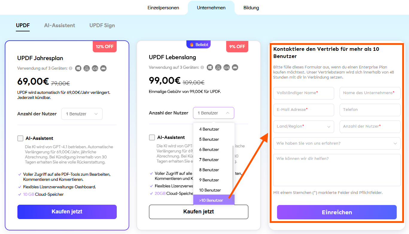 mehr als 10 Benutzern wenden Sie sich bitte an den Vertrieb
