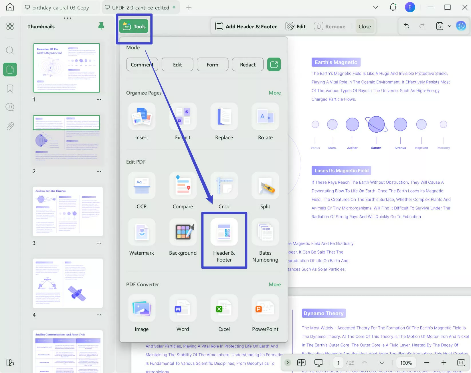 remove header and footer with UPDF