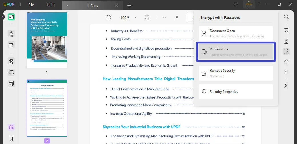 password protect pdf without acrobat permission icon in updf