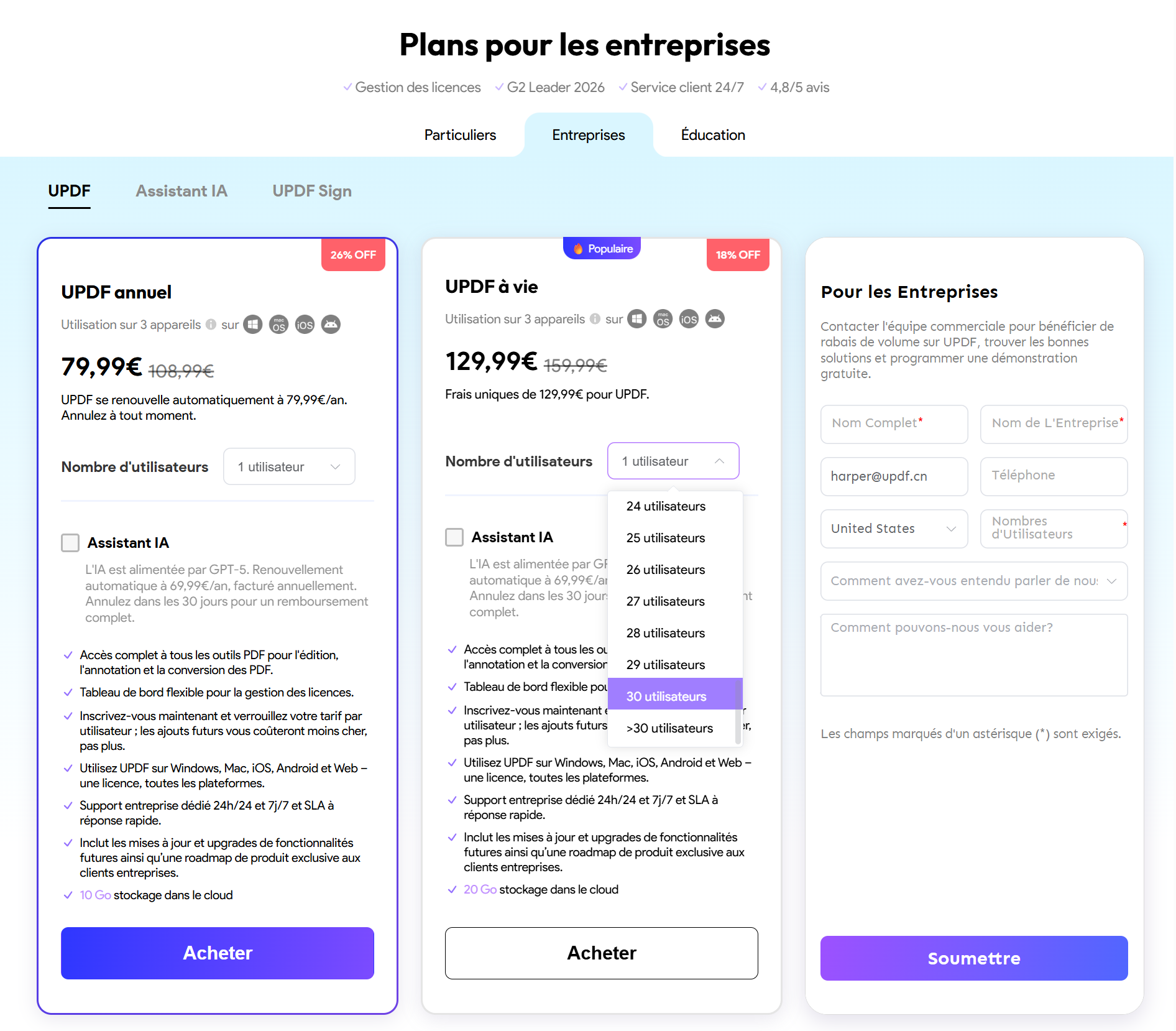 Plus de 30 utilisateurs pour le plan Entreprise