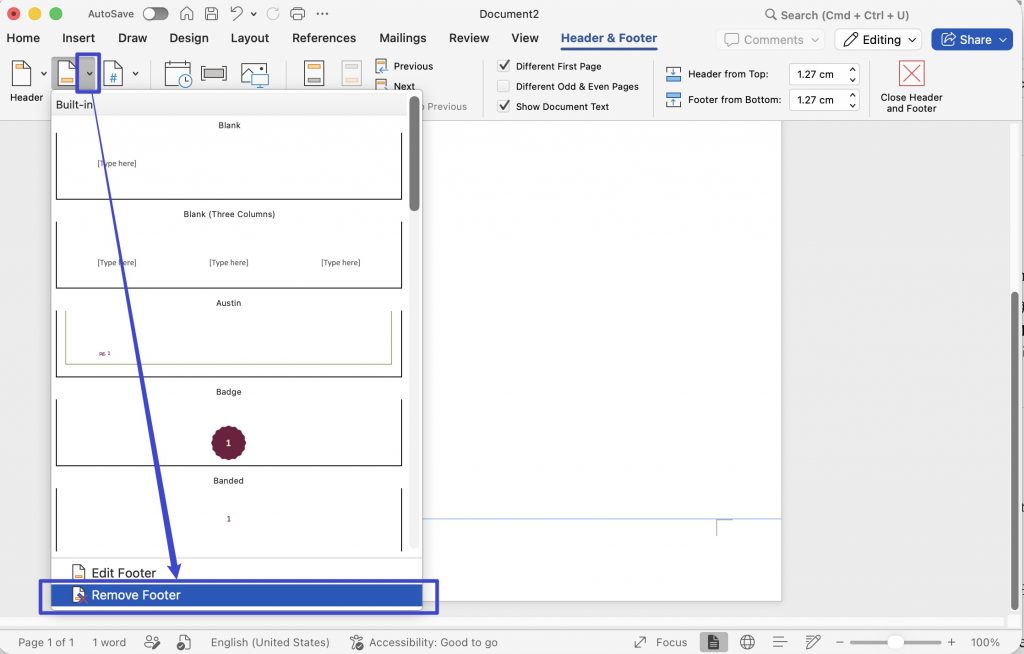 remove header via header and footer toolbar
