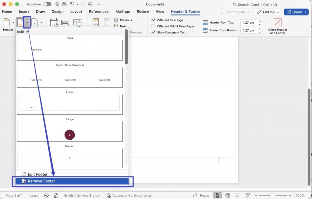 remove header via header and footer toolbar
