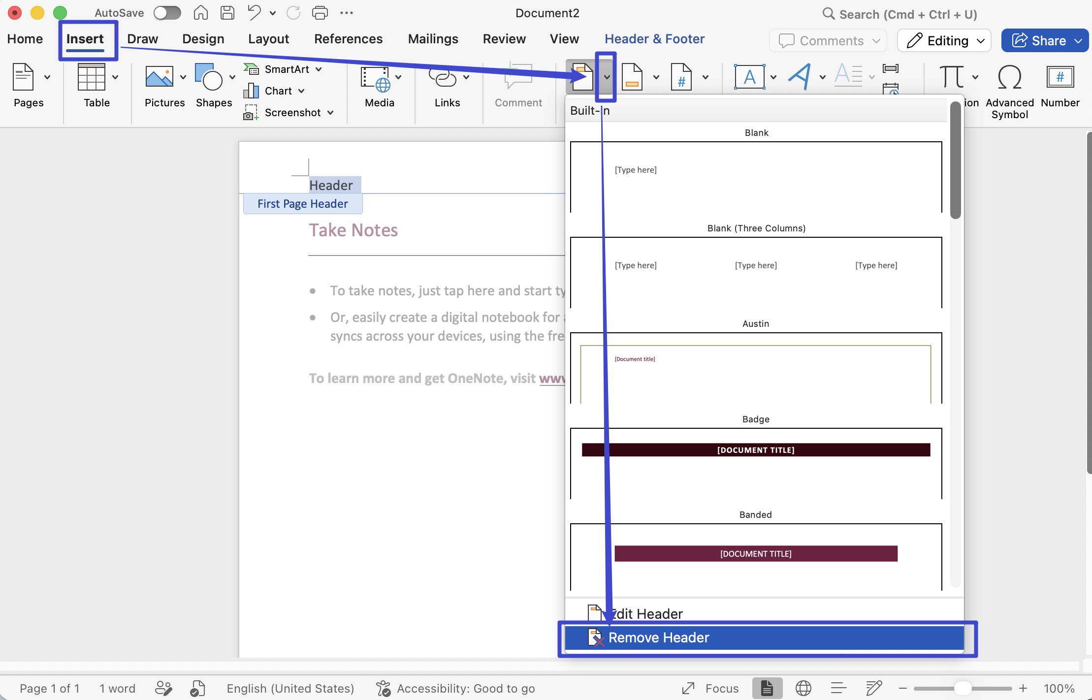 remove header via insert toolbar
