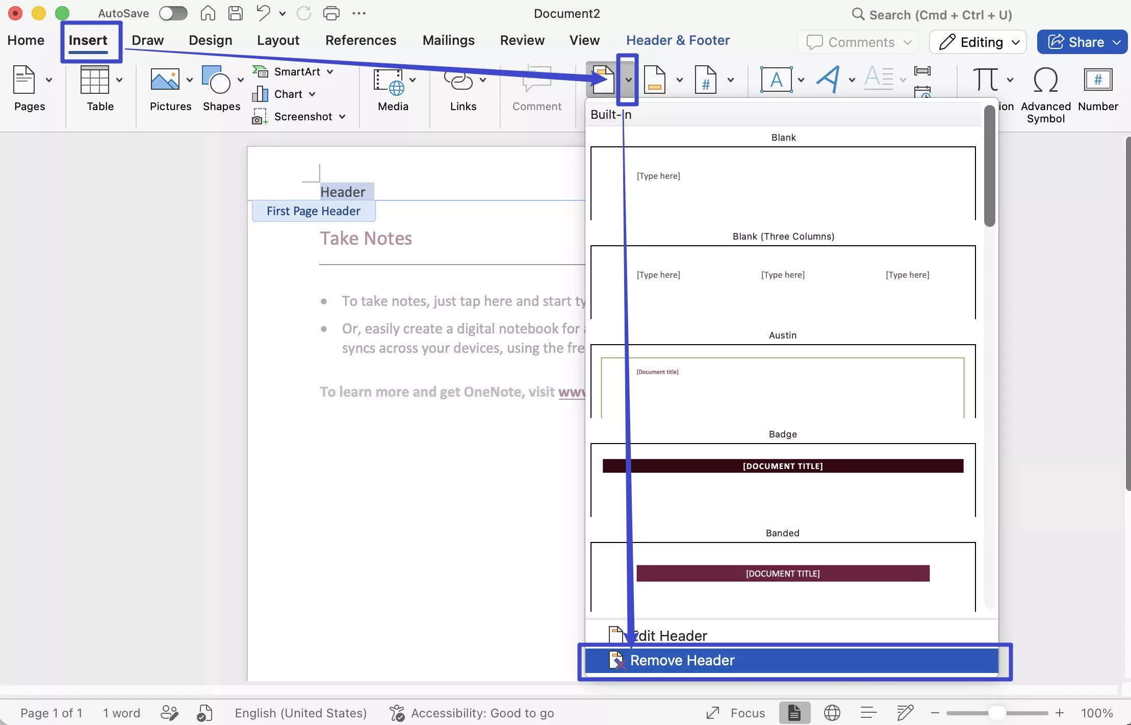 remove header via insert toolbar