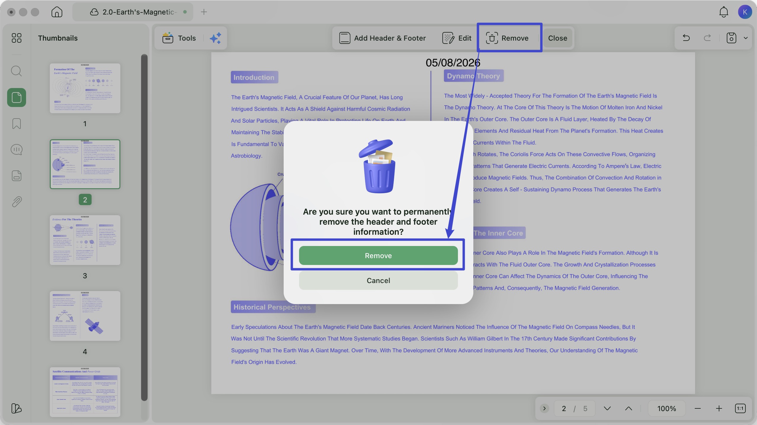 remove pdf header on updf